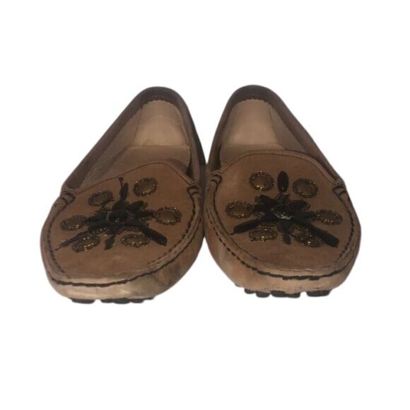 TODS Loafers Women's Size US7.5 Brown Tan Cross Beading Flat Shoes - Picture 1 of 14